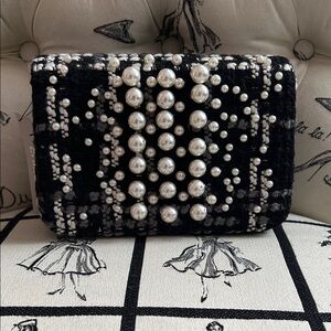 Chicos Elegant Black Pearl-Embellished Clutch. 8”x 6”